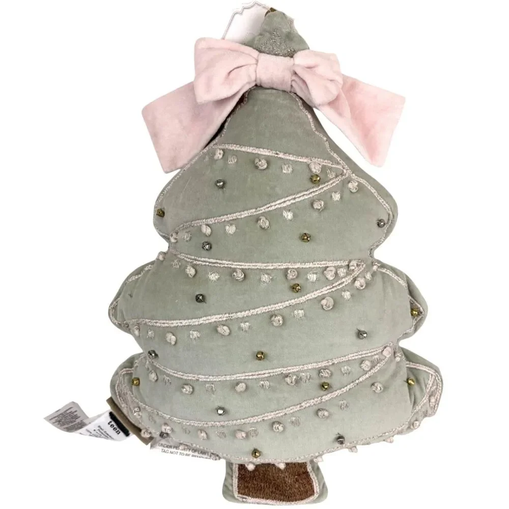 Pottery Barn Christmas Tree Shaped Embellished Pillow Green Velvet Pink Bow